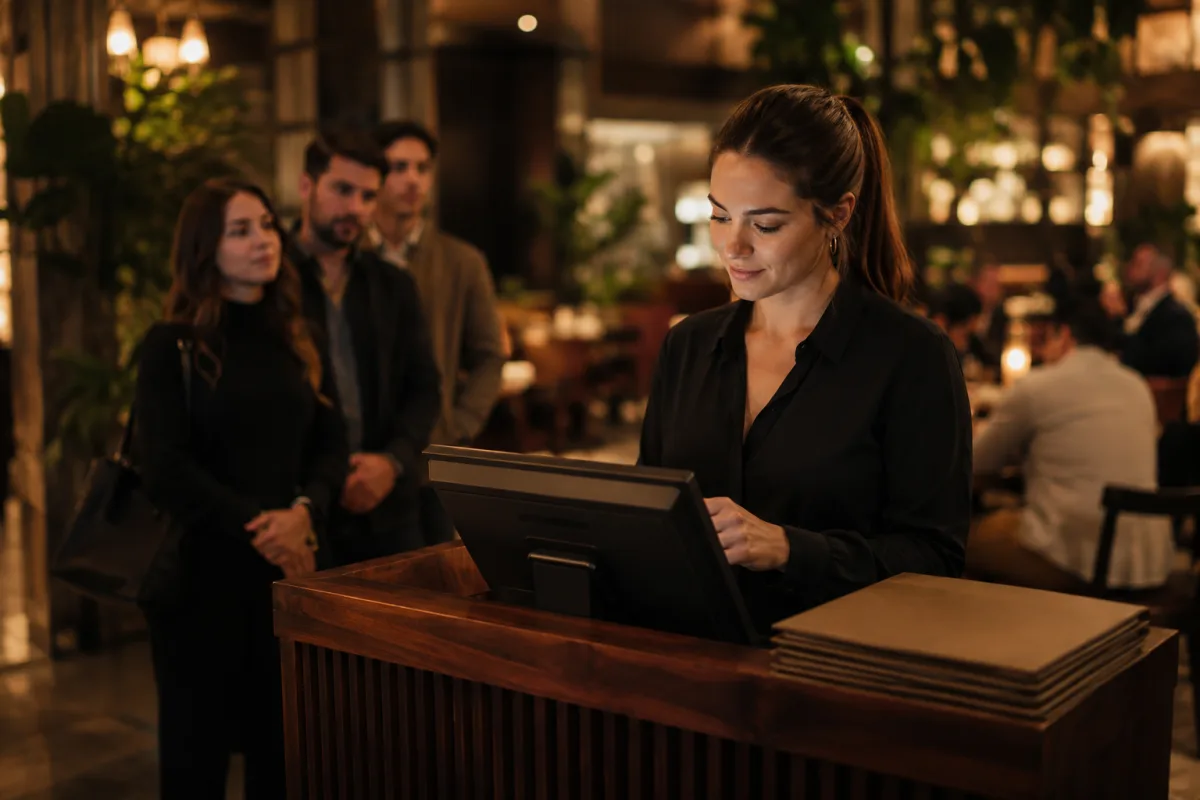 Hostess managing a restaurant waitlist during dinner rush