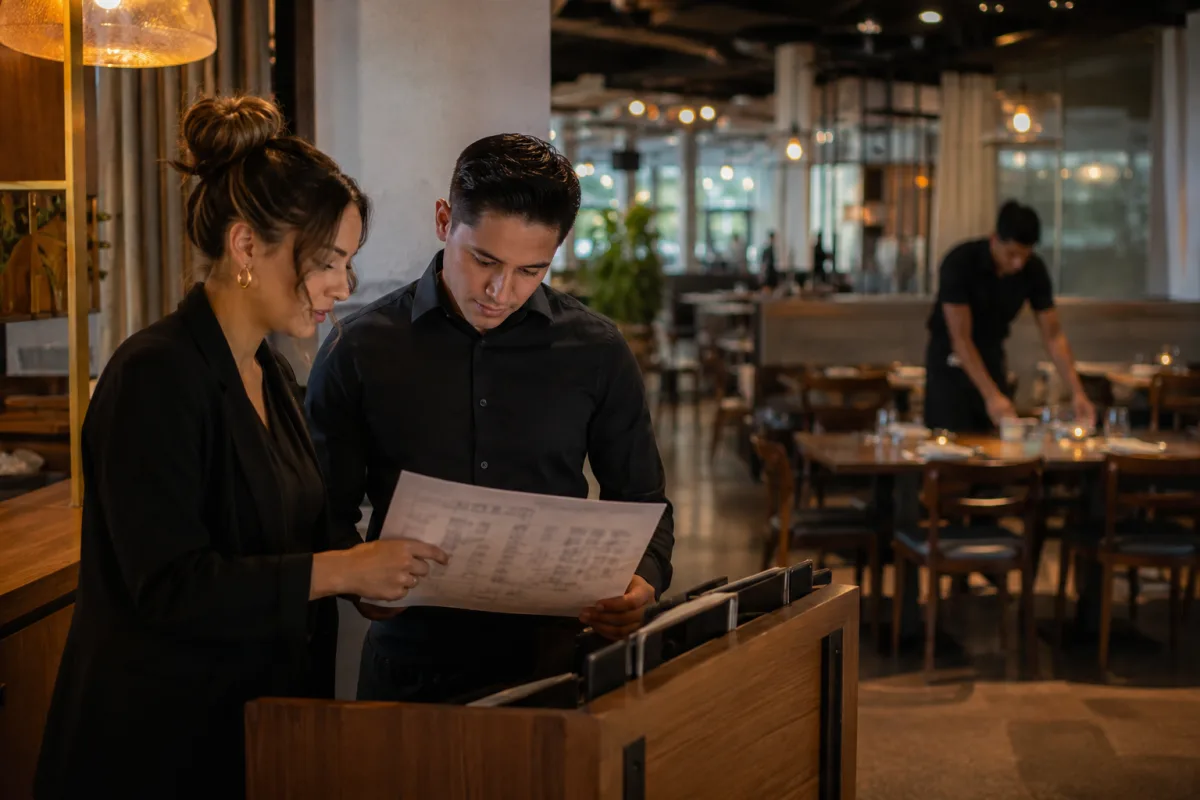Restaurant host coordinating with server near dining room floor plan