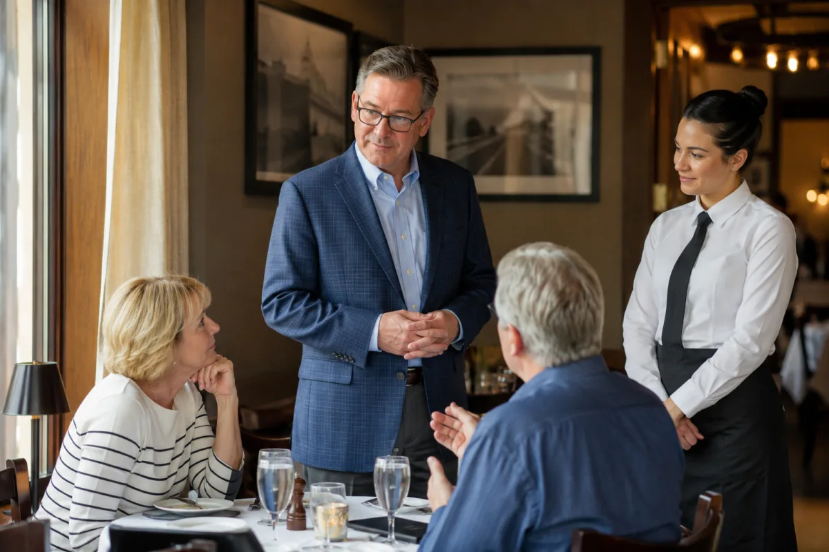 Restaurant manager listening calmly to a guest complaint at a table
