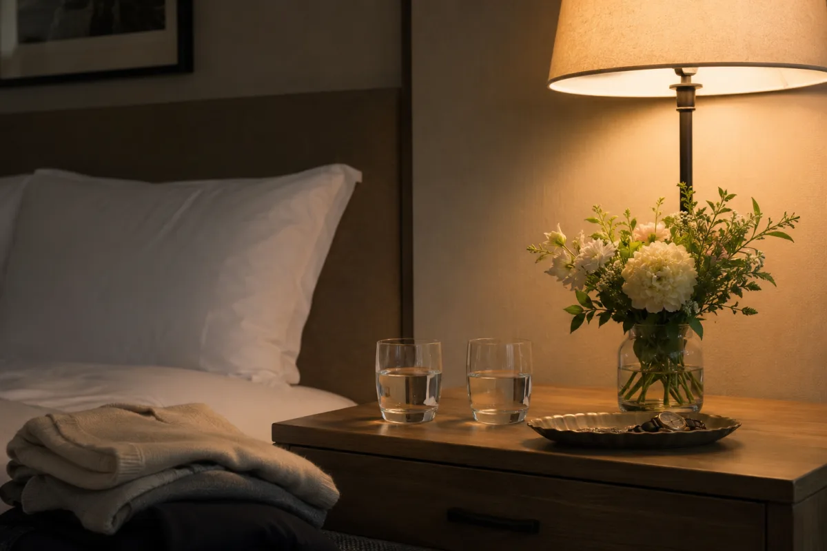 Quiet wedding-night room with water, flowers, and soft bedside light