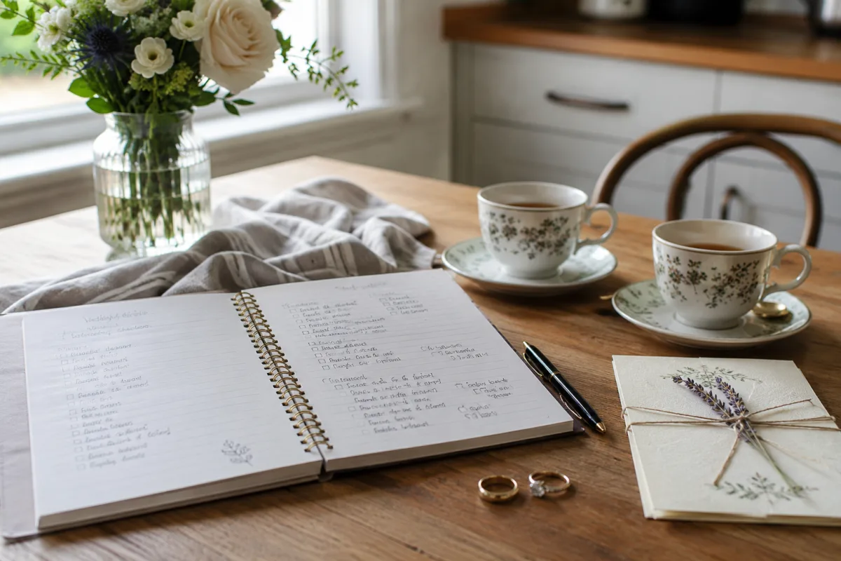 Couple planning notebook with wedding rings and a private checklist
