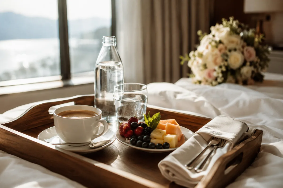 Quiet newlywed breakfast tray near a sunny window