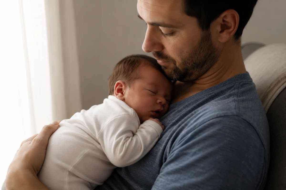 dad holding newborn close