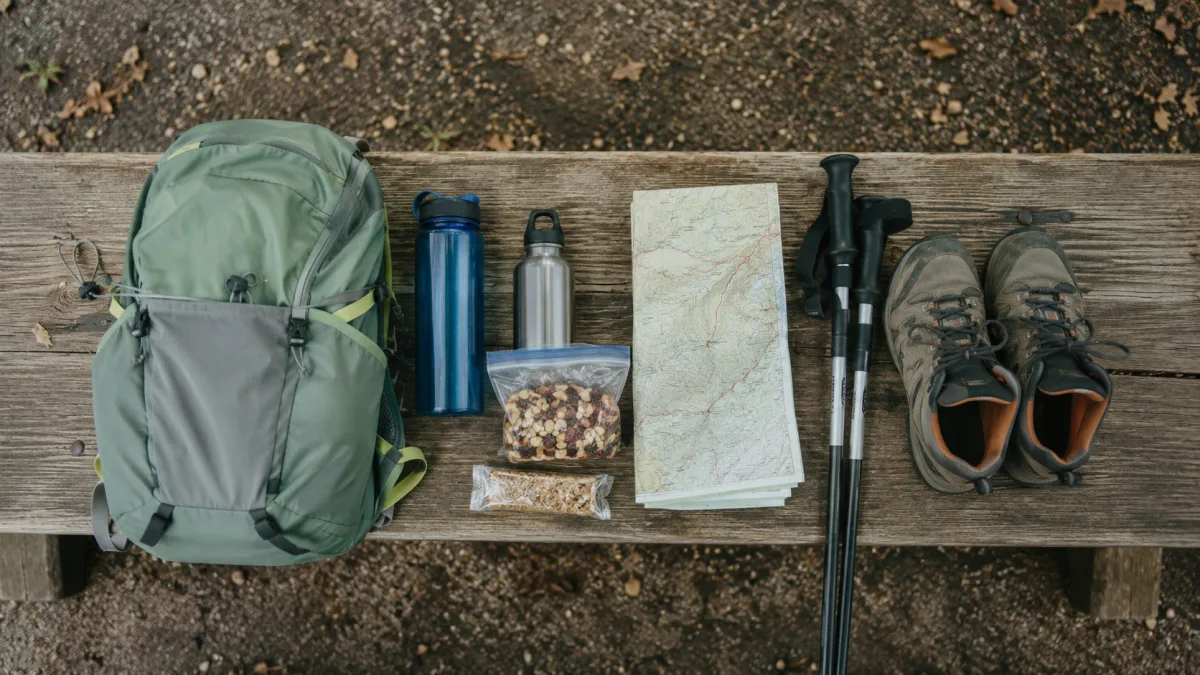 Day-hike gear laid out for Maryland Heights