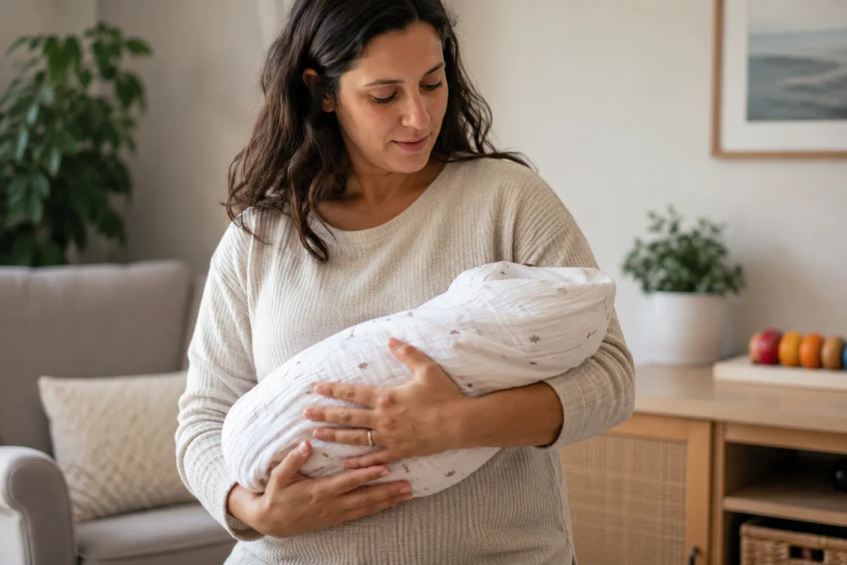 Caregiver learning newborn hold