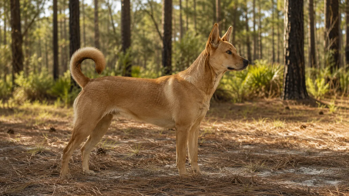 Carolina Dog standing in natural light showing fish-hook tail and ginger coat