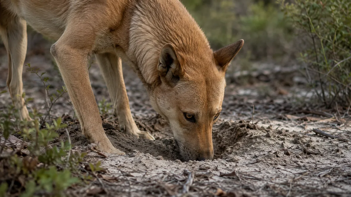 Carolina Dog digging a snout pit in sandy soil with focused intensity