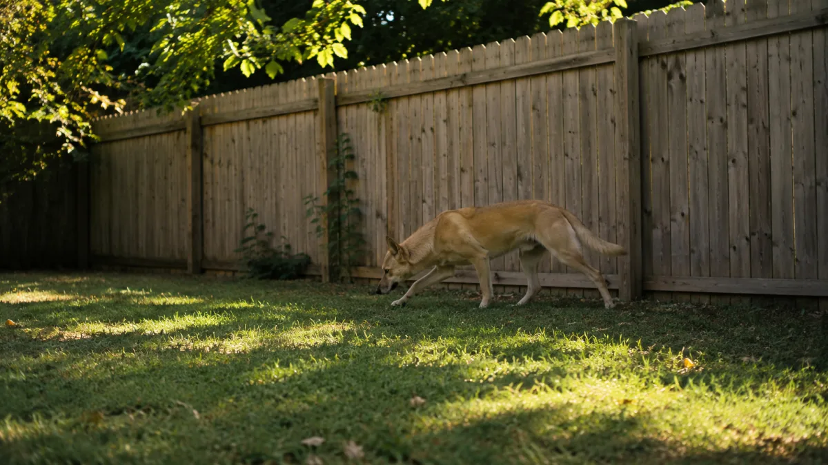 Carolina Dog trotting along a wooden fence in late afternoon garden light