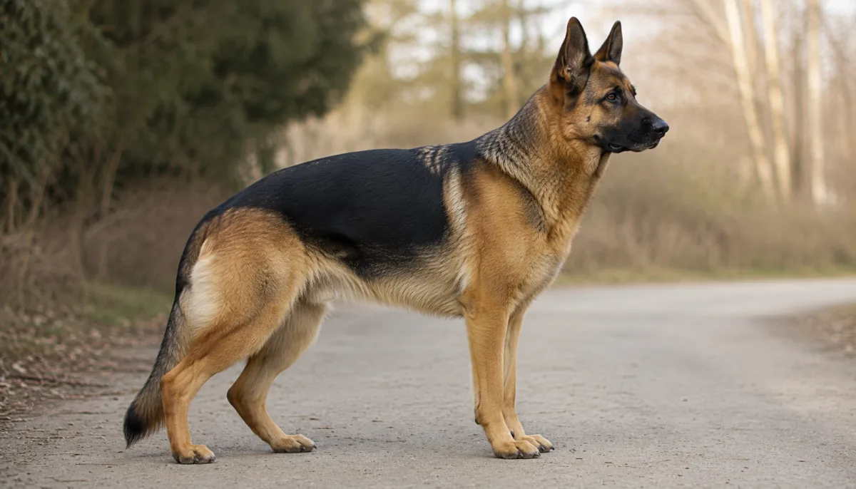 German Shepherd standing in profile on a simple path