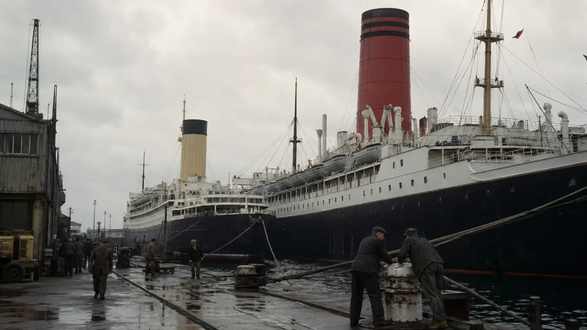 Historic ocean liner funnels at a 20th-century port, red and buff-colored stacks against a grey sky