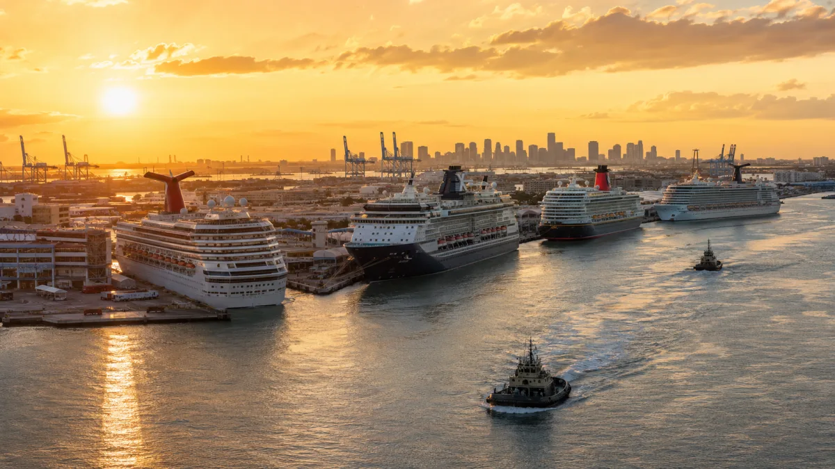 Multiple cruise ships with different funnel designs berthed simultaneously at a busy international cruise terminal