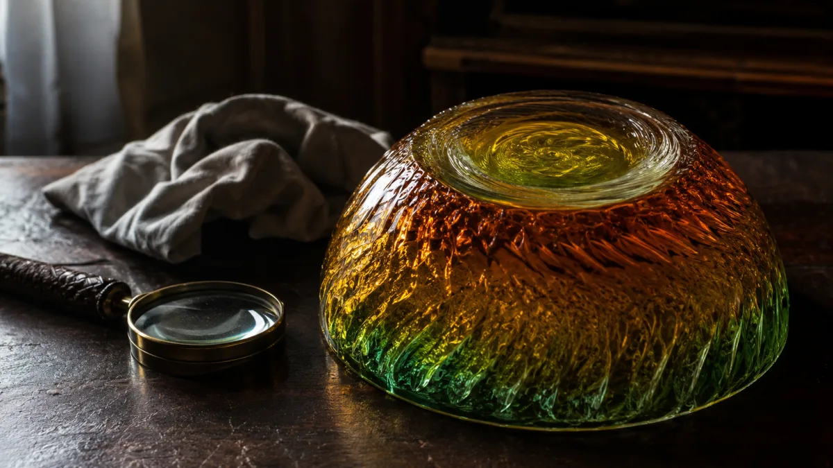 Close view of a vintage glass base being inspected for a Fenton mark
