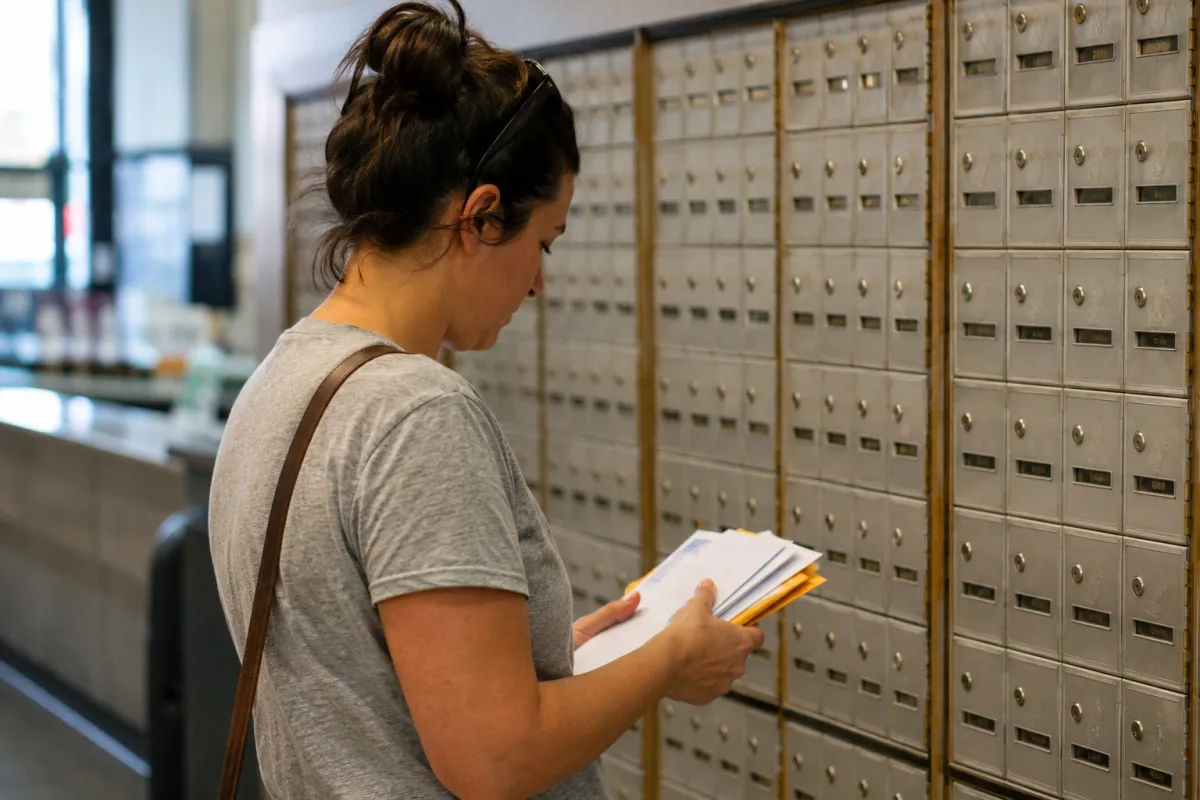 PO boxes in a clean post office lobby