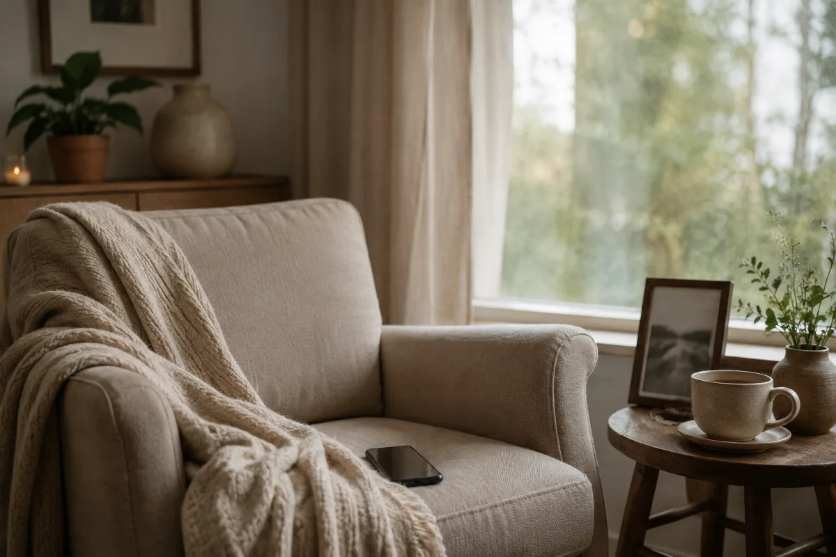 Quiet chair by window with phone and warm drink after bereavement