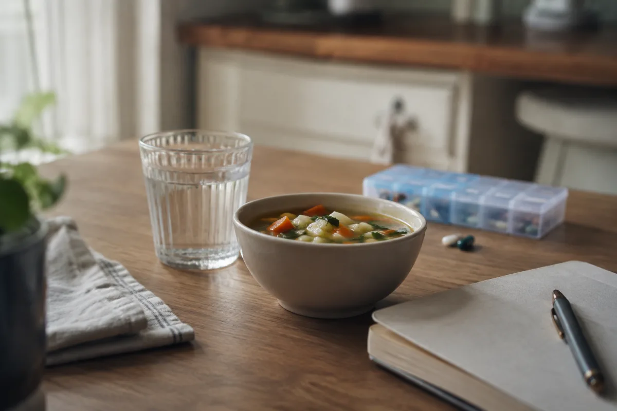 Simple grief self-care setup with water, medication box, and soup