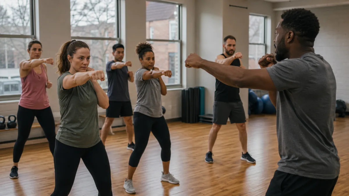 Beginner Tae Bo class participants learning basic punching combinations