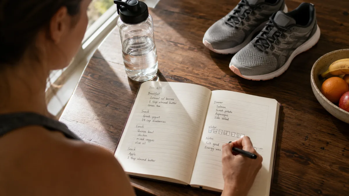 Person writing in a food journal next to a water bottle and gym shoes after a workout