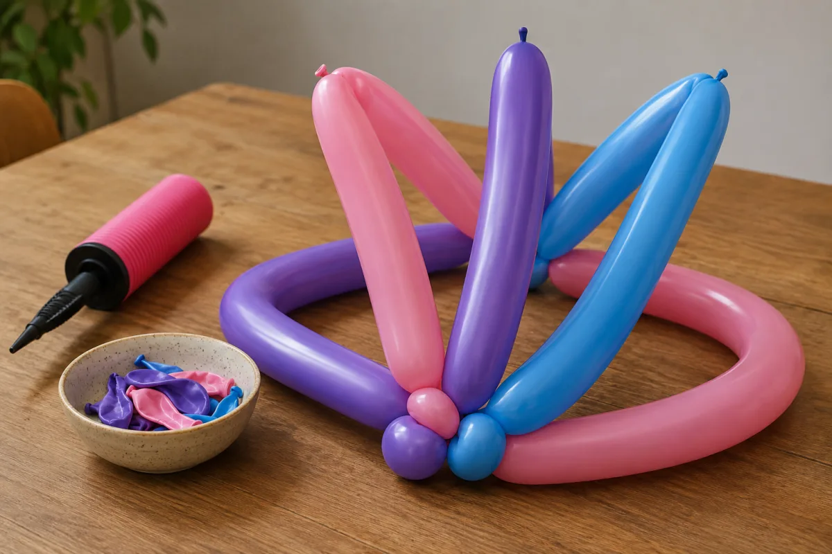 Partly twisted balloon crown frame on a party table