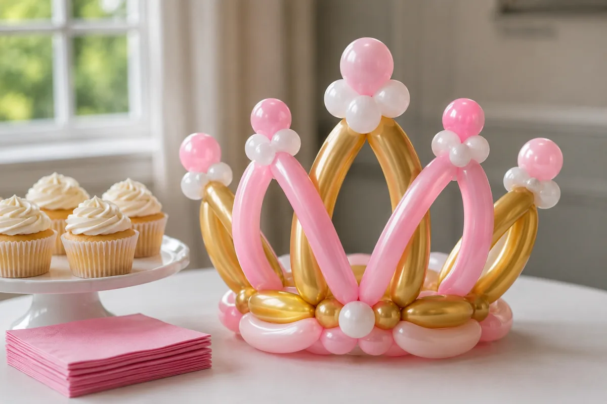 Finished colorful balloon crown beside a simple birthday dessert table