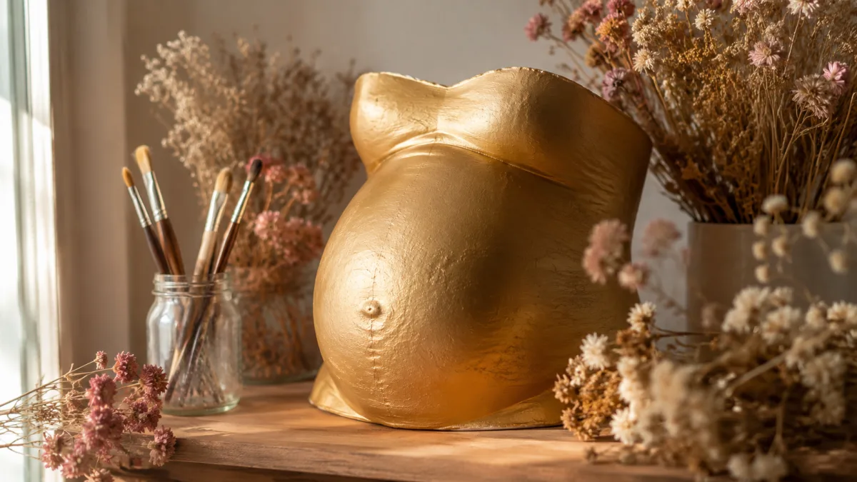 Finished belly bowl cast decorated with gold paint and dried flowers on a wooden shelf