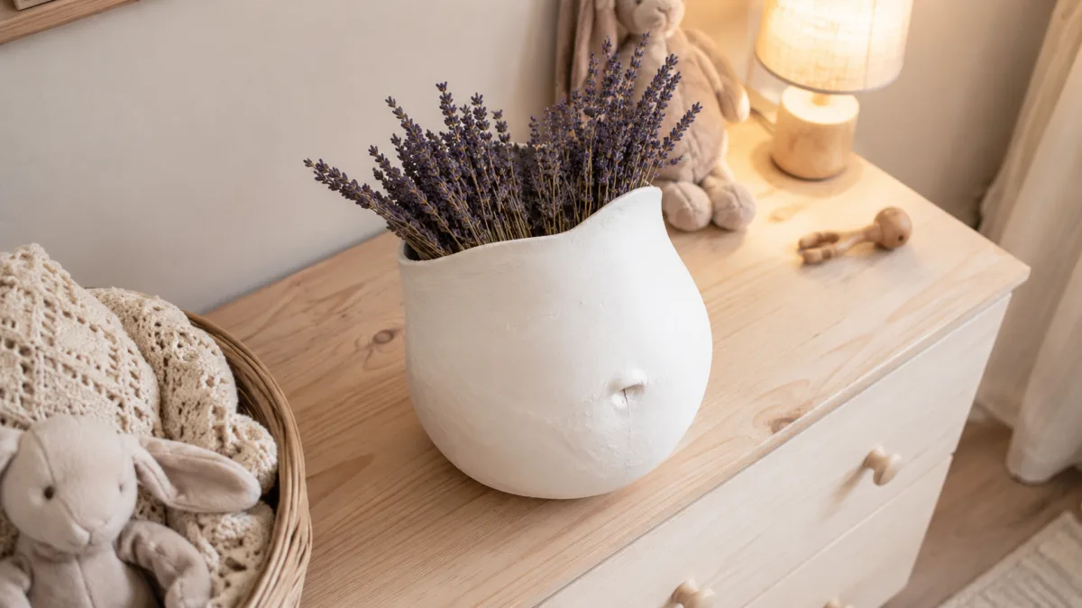 Belly cast trimmed into a decorative bowl holding dried lavender on a nursery dresser