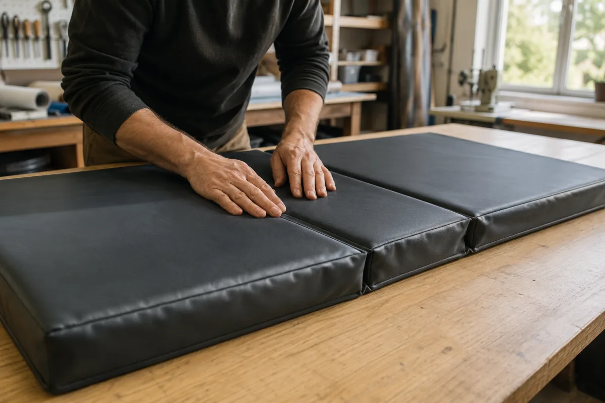Folding tumbling mat panels being assembled