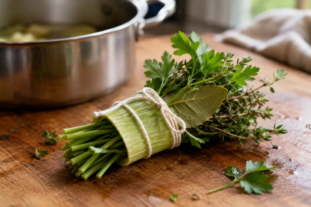 Fresh parsley thyme and bay leaf tied as a bouquet garni