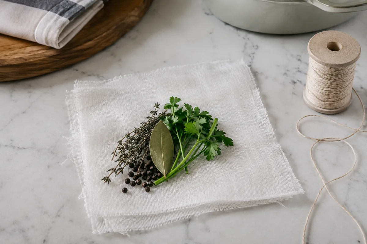 Cheesecloth sachet with dried herbs and peppercorns