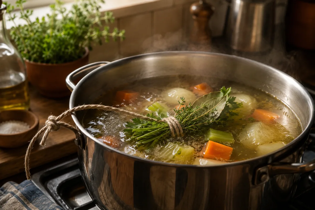 Bouquet garni simmering in a clear stockpot