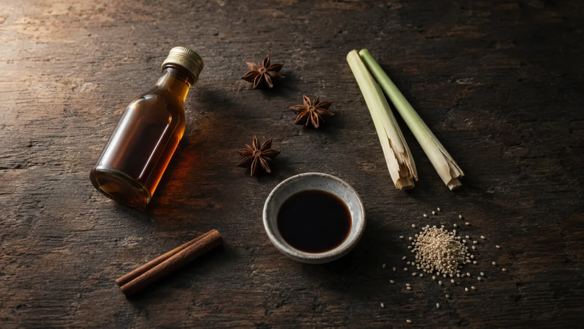 Chinese pantry ingredients for fried chicken wings including Shaoxing wine, star anise, lemongrass stalks, and soy sauce arranged on a dark wooden surface