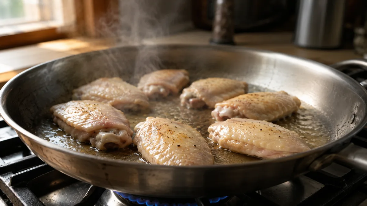 Chicken wings rendering skin-side down in a wide pan over low heat with fat pooling around them