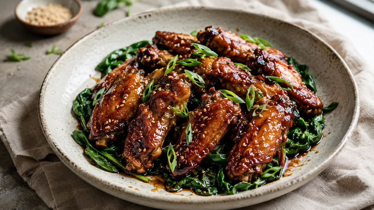 Chinese fried chicken wings in dark sticky glaze piled on a bed of spinach garnished with spring onions and sesame seeds