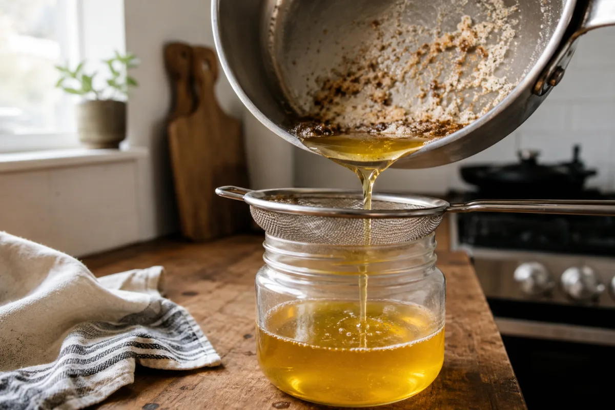 Clear golden clarified butter being strained