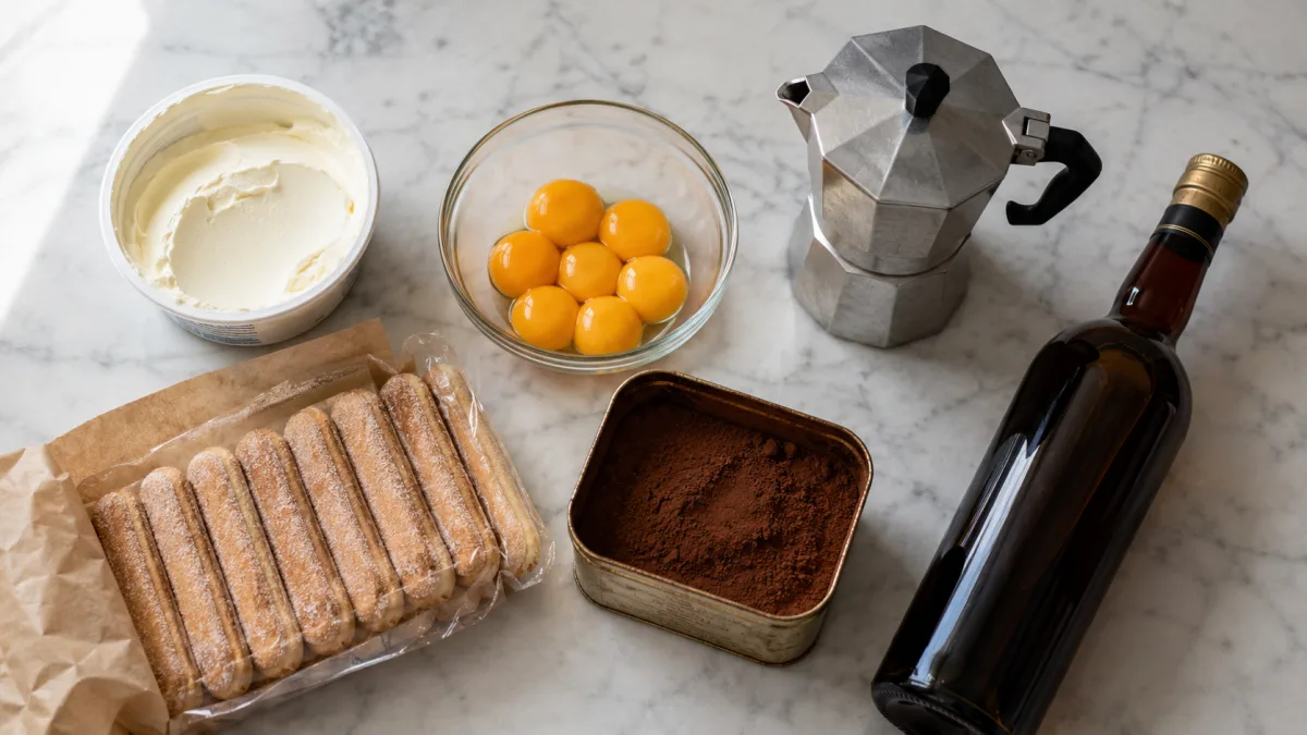 Classic tiramisu ingredients laid out on a marble kitchen counter