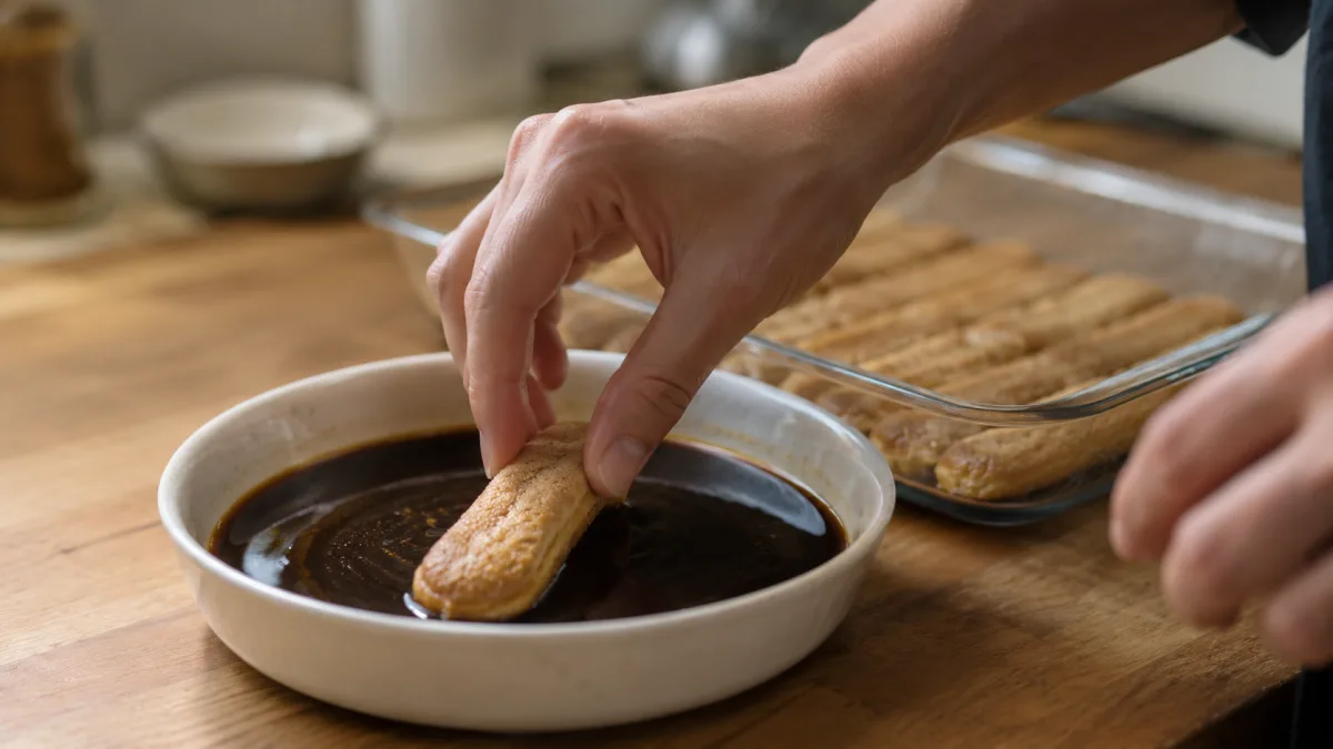Ladyfingers being quickly dipped into espresso for tiramisu