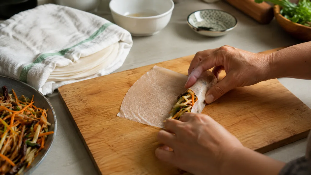 Rolling Vietnamese-style egg rolls