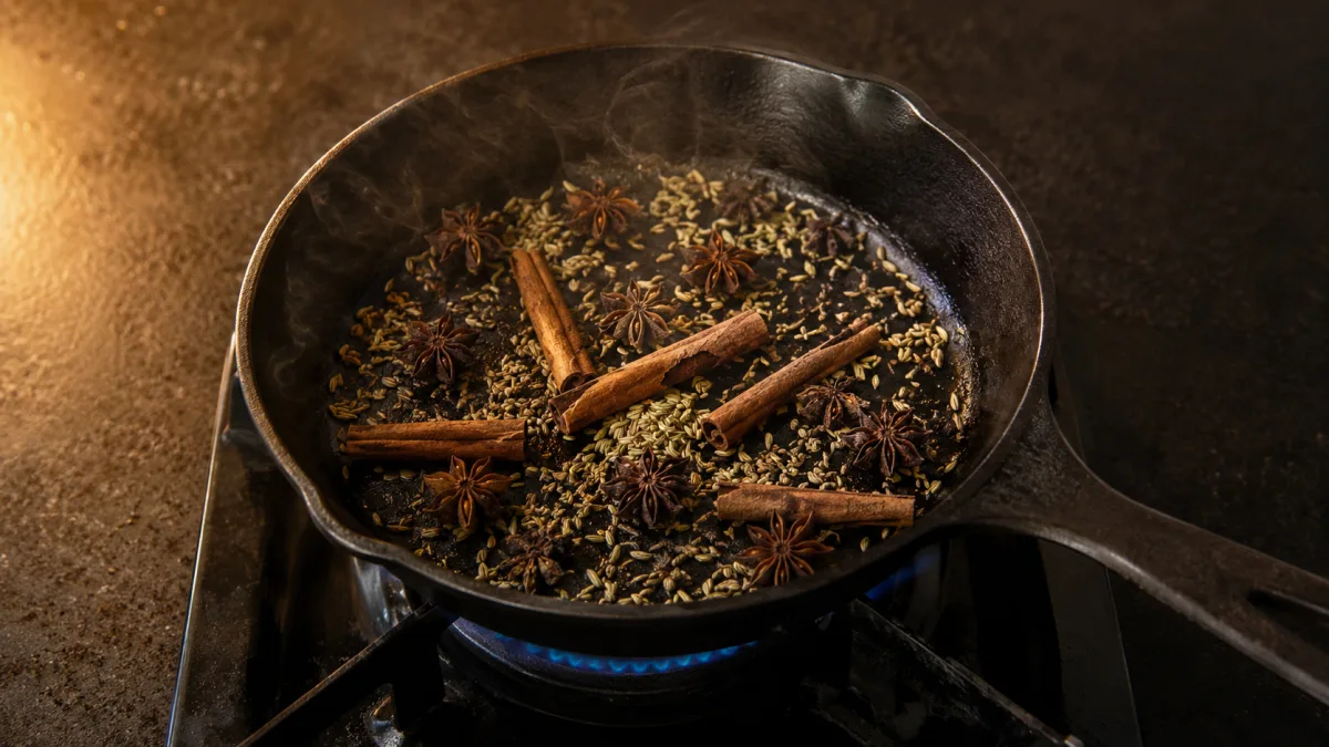 Whole spices toasting in a heavy cast-iron skillet over a gas flame