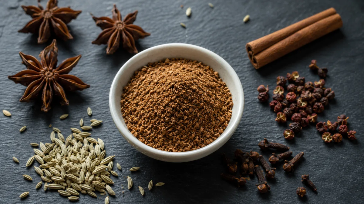 Homemade Chinese five-spice powder in a small ceramic bowl surrounded by whole spices on dark slate