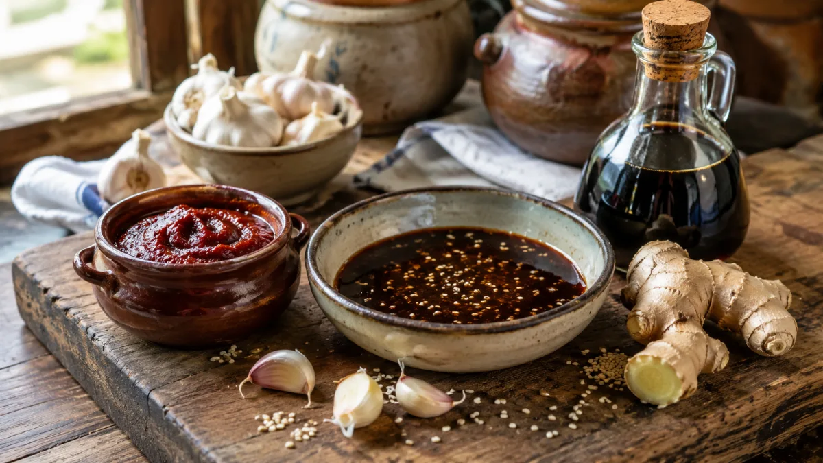 Korean BBQ marinade in a ceramic bowl beside an earthenware crock of gochujang and marinade ingredients on a wooden board