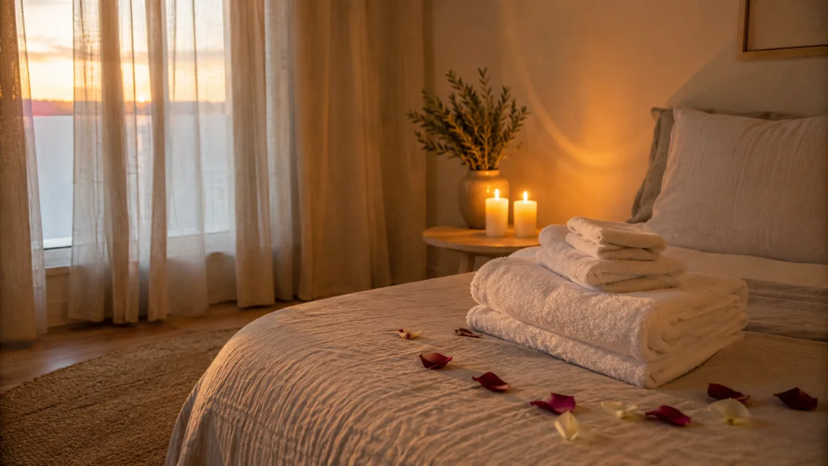 Mum ışığında hazırlanmış romantik yatak odası düzeni, gül yaprakları ve beyaz havlular