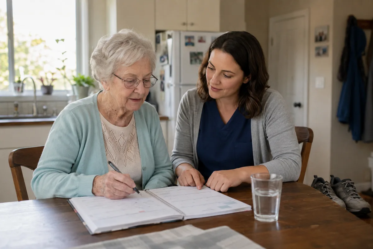 Older adult and caregiver planning a small walking goal