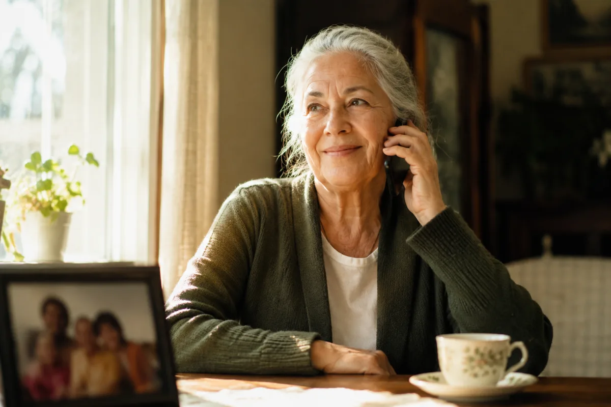 Older adult enjoying a low-pressure phone call near a sunny window