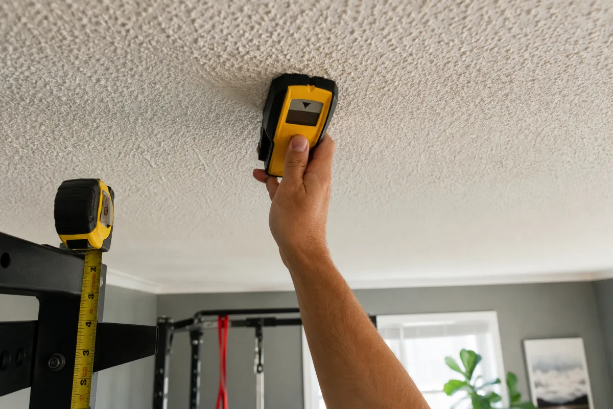 Stud finder checking popcorn ceiling for joist