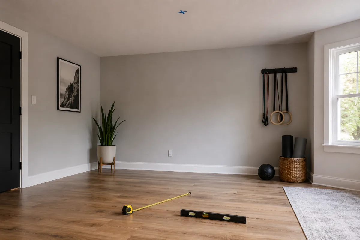 Cleared room prepared for dance pole installation
