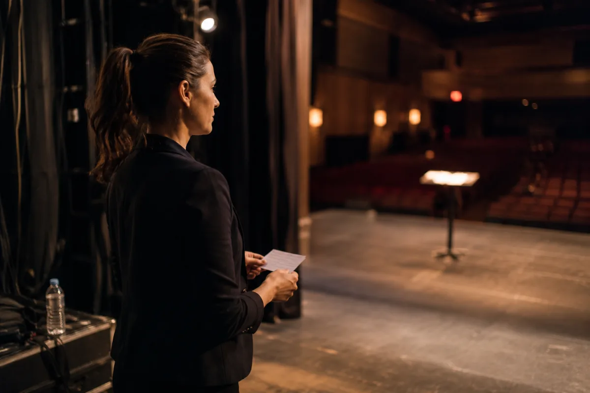 Speaker calming nerves backstage before a presentation