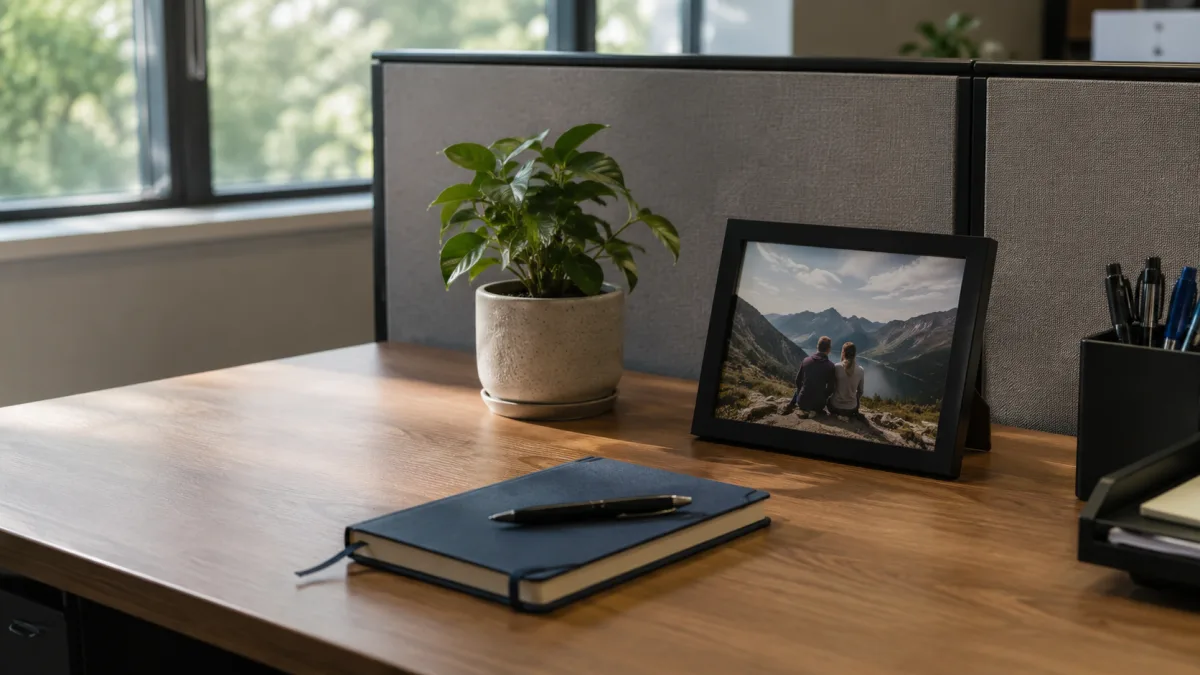 Neatly personalized office cubicle with framed photo, small plant, and quality stationery on a clean desk