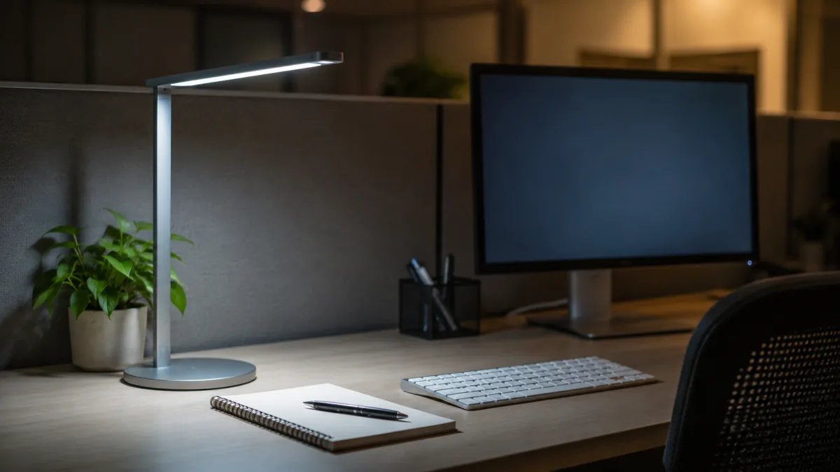 Desk with daylight-spectrum lamp illuminating a computer workspace in a windowless office cubicle