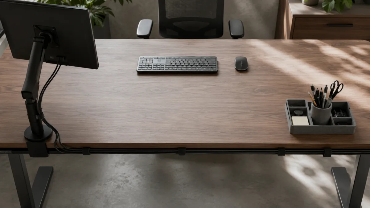 Clean organized desk with cable management, desk organizer, and clear surface in an office cubicle