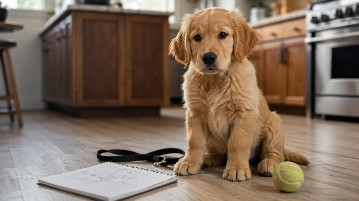 Golden Retriever puppy beside a notebook of name ideas