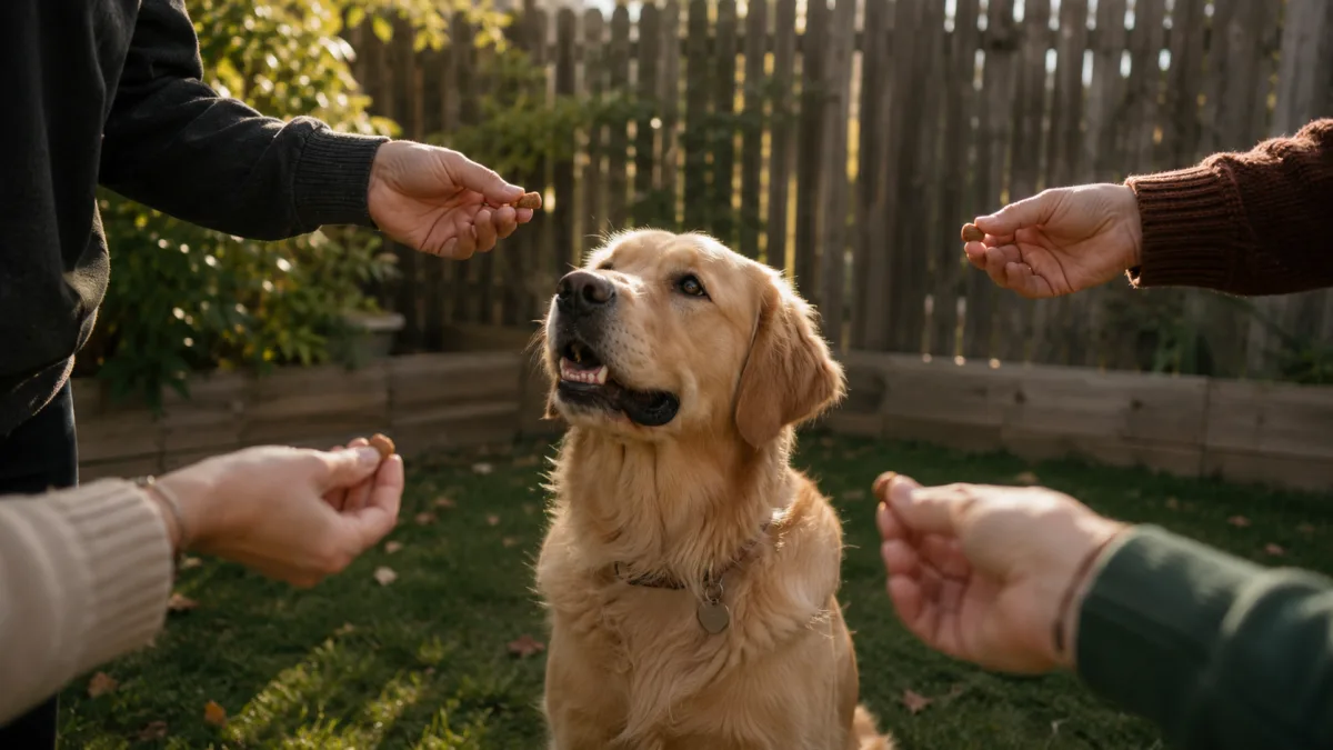 Family testing dog name ideas in a backyard